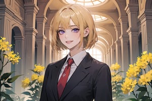 ((Goldenrod hair)), bob cut, bangs, purple eyes, (smile), ((small chest:1.1)), wearing a ((suit)), red tie, by Raphael, masterpiece, upper body shot, magnificent indoor hall,Argissa,1 girl,Neonie,1girl