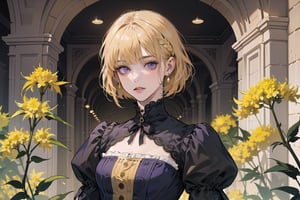 ((Goldenrod hair:1.5)), bob cut, bangs, purple eyes, ((small chest:1.1)), wearing a ((OldLace Victorian dress:1.3)), long sleeve, by Raphael, masterpiece, upper body shot, magnificent indoor hall, Neonie, 1girl