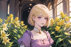 ((Goldenrod hair:1.3)), bob cut, bangs, purple eyes, ((small chest:1.1)), wearing a ((pink dress:1.1)), prince, by Raphael, masterpiece, upper body shot, magnificent indoor hall, Neonie, 1girl