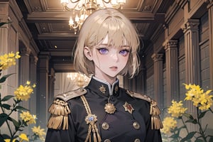 ((Goldenrod hair)), bob cut, bangs, purple eyes, ((small chest:1.1)), wearing a ((military uniform:1.3)), by Raphael, masterpiece, upper body shot, magnificent indoor hall, Neonie, 1girl