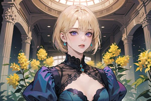 ((Goldenrod hair)), bob cut, bangs, purple eyes, ((small chest:1.1)), wearing a ((SkyBlue lace dress:1.3)), prince, royal, by Raphael, masterpiece, upper body shot, magnificent indoor hall, Neonie, 1girl