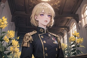 ((Goldenrod hair)), bob cut, bangs, purple eyes, ((small chest:1.1)), wearing a ((military uniform:1.3)), by Raphael, masterpiece, upper body shot, magnificent indoor hall, Neonie, 1girl