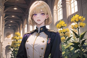 ((Goldenrod hair)), bob cut, bangs, purple eyes, ((small chest:1.1)), wearing a ((military uniform:1.3)), by Raphael, masterpiece, upper body shot, magnificent indoor hall, Neonie, 1girl