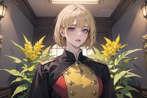 ((Goldenrod hair)), bob cut, bangs, purple eyes, ((small chest:1.1)), wearing a ((red mikitary uniform)), by Raphael, masterpiece, upper body shot, magnificent indoor hall, Neonie, 1girl