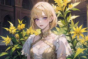 ((Goldenrod hair:1.5)), bob cut, bangs, purple eyes, ((small chest:1.1)), wearing a ((OldLace dress:1.3)), short sleeve, by Raphael, masterpiece, upper body shot, magnificent indoor hall, Neonie, 1girl