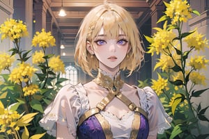 ((Goldenrod hair:1.5)), bob cut, bangs, purple eyes, ((small chest:1.1)), wearing a ((OldLace dress:1.3)), short sleeve, by Raphael, masterpiece, upper body shot, magnificent indoor hall, Neonie, 1girl