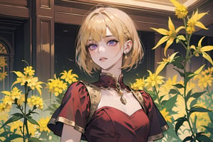 ((Goldenrod hair:1.5)), bob cut, bangs, purple eyes, ((small chest:1.1)), wearing a ((DarkRed dress:1.3)), short sleeve, by Raphael, masterpiece, upper body shot, magnificent indoor hall, Neonie, 1girl