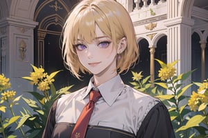 ((Goldenrod hair)), bob cut, bangs, purple eyes, (smirk), ((small chest:1.1)), wearing a ((school uniform:1.3)), red tie, by Raphael, masterpiece, upper body shot, magnificent indoor hall,Argissa,1 girl,Neonie,1girl