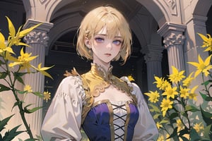 ((Goldenrod hair:1.5)), bob cut, bangs, purple eyes, ((small chest:1.1)), wearing a ((royal Victorian dress:1.3)), long sleeve, by Raphael, masterpiece, upper body shot, magnificent indoor hall, Neonie, 1girl