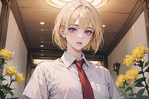 ((Goldenrod hair)), bob cut, bangs, purple eyes, ((small chest:1.1)), wearing a ((white shirt:1.3)), red tie, by Raphael, masterpiece, upper body shot, magnificent indoor hall,Argissa,1 girl,Neonie,1girl