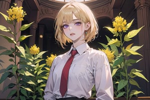 ((Goldenrod hair)), bob cut, bangs, purple eyes, ((small chest:1.1)), wearing a ((white shirt:1.3)), red tie, by Raphael, masterpiece, upper body shot, magnificent indoor hall,Argissa,1 girl,Neonie,1girl