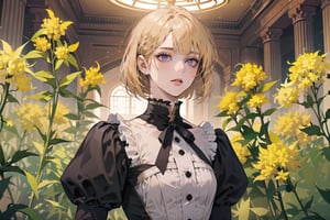 ((Goldenrod hair:1.5)), bob cut, bangs, purple eyes, ((small chest:1.1)), wearing a ((Victorian dress:1.1)), prince, by Raphael, masterpiece, upper body shot, magnificent indoor hall, Neonie, 1girl