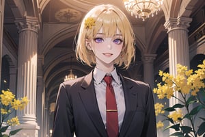 ((Goldenrod hair)), bob cut, bangs, purple eyes, (smile), ((small chest:1.1)), hair ornament, wearing a ((suit)), red tie, by Raphael, masterpiece, upper body shot, magnificent indoor hall,Argissa,1 girl,Neonie,1girl