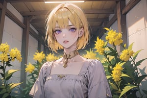 ((Goldenrod hair:1.5)), bob cut, bangs, purple eyes, ((small chest:1.1)), wearing a ((Linen dress:1.3)), short sleeve, by Raphael, masterpiece, upper body shot, magnificent indoor hall, Neonie, 1girl