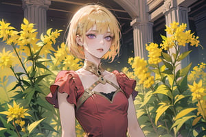 ((Goldenrod hair:1.5)), bob cut, bangs, purple eyes, ((small chest:1.1)), wearing a ((LightCoral dress:1.3)), short sleeve, by Raphael, masterpiece, upper body shot, magnificent indoor hall, Neonie, 1girl