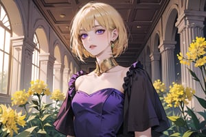 ((Goldenrod hair)), bob cut, bangs, purple eyes, ((small chest:1.1)), wearing a ((satin dress:1.3)), prince, royal, by Raphael, masterpiece, upper body shot, magnificent indoor hall, Neonie, 1girl