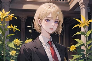 ((Goldenrod hair)), bob cut, bangs, purple eyes, ((small chest:1.1)), wearing a ((school uniform:1.3)), red tie, by Raphael, masterpiece, upper body shot, magnificent indoor hall,Argissa,1 girl,Neonie,1girl