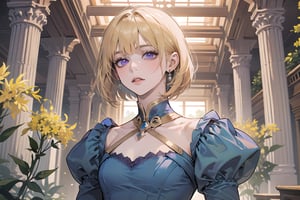 ((Goldenrod hair)), bob cut, bangs, purple eyes, ((small chest:1.1)), wearing a ((SkyBlue Romanticism dress:1.3)), prince, royal, by Raphael, masterpiece, upper body shot, magnificent indoor hall, Neonie, 1girl