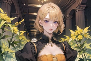 ((Goldenrod hair:1.5)), bob cut, bangs, purple eyes, ((small chest:1.1)), wearing a ((orange)) ((Victorian dress:1.1)), prince, long sleeve, by Raphael, masterpiece, upper body shot, magnificent indoor hall, Neonie, 1girl