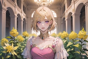 ((Goldenrod hair:1.3)), bob cut, bangs, purple eyes, ((small chest:1.1)), wearing a ((pink dress:1.1)), prince, by Raphael, masterpiece, upper body shot, magnificent indoor hall, Neonie, 1girl