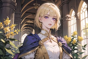 ((Goldenrod hair)), bob cut, bangs, purple eyes, ((small chest:1.1)), wearing a ((royal dress:1.3)), prince, =by Raphael, masterpiece, upper body shot, magnificent indoor hall, Neonie, 1girl