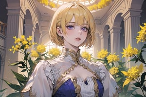 ((Goldenrod hair:1.5)), bob cut, bangs, purple eyes, ((small chest:1.1)), wearing a ((OldLace dress:1.3)), short sleeve, by Raphael, masterpiece, upper body shot, magnificent indoor hall, Neonie, 1girl