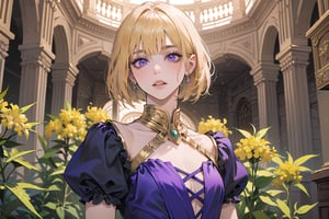 ((Goldenrod hair)), bob cut, bangs, purple eyes, ((small chest:1.1)), wearing a ((satin dress:1.3)), prince, royal, by Raphael, masterpiece, upper body shot, magnificent indoor hall, Neonie, 1girl