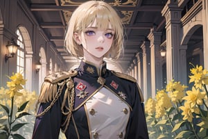 ((Goldenrod hair)), bob cut, bangs, purple eyes, ((small chest:1.1)), wearing a ((military uniform:1.3)), by Raphael, masterpiece, upper body shot, magnificent indoor hall, Neonie, 1girl