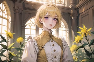 ((Goldenrod hair:1.5)), bob cut, bangs, purple eyes, ((small chest:1.1)), wearing a ((yellow)) ((Victorian dress:1.1)), prince, long sleeve, by Raphael, masterpiece, upper body shot, magnificent indoor hall, Neonie, 1girl