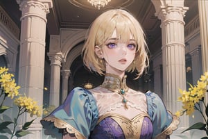 ((Goldenrod hair)), bob cut, bangs, purple eyes, ((small chest:1.1)), wearing a ((lace dress:1.3)), prince, royal, by Raphael, masterpiece, upper body shot, magnificent indoor hall, Neonie, 1girl