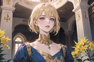 ((Goldenrod hair)), bob cut, bangs, purple eyes, ((small chest:1.1)), wearing a ((royal dress:1.3)), prince, =by Raphael, masterpiece, upper body shot, magnificent indoor hall, Neonie, 1girl