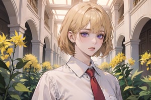 ((Goldenrod hair)), bob cut, bangs, purple eyes, ((small chest:1.1)), wearing a ((white shirt:1.3)), red tie, by Raphael, masterpiece, upper body shot, magnificent indoor hall,Argissa,1 girl,Neonie,1girl