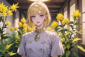 ((Goldenrod hair:1.5)), bob cut, bangs, purple eyes, ((small chest:1.1)), wearing a ((Linen dress:1.3)), short sleeve, by Raphael, masterpiece, upper body shot, magnificent indoor hall, Neonie, 1girl