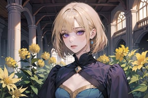 ((Goldenrod hair)), bob cut, bangs, purple eyes, ((small chest:1.1)), wearing a ((SkyBlue Romanticism dress:1.3)), by Raphael, masterpiece, upper body shot, magnificent indoor hall, Neonie, 1girl