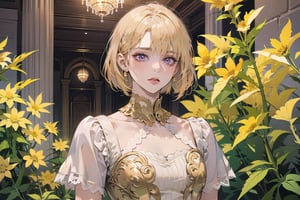 ((Goldenrod hair:1.5)), bob cut, bangs, purple eyes, ((small chest:1.1)), wearing a ((Lace dress:1.3)), short sleeve, by Raphael, masterpiece, upper body shot, magnificent indoor hall, Neonie, 1girl