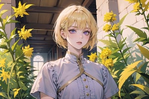 ((Goldenrod hair:1.5)), bob cut, bangs, purple eyes, ((small chest:1.1)), wearing a ((Linen dress:1.3)), short sleeve, by Raphael, masterpiece, upper body shot, magnificent indoor hall, Neonie, 1girl