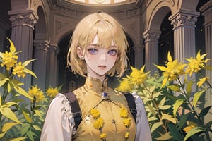 ((Goldenrod hair:1.5)), bob cut, bangs, purple eyes, ((small chest:1.1)), wearing a ((yellow)) ((Victorian dress:1.1)), prince, long sleeve, by Raphael, masterpiece, upper body shot, magnificent indoor hall, Neonie, 1girl