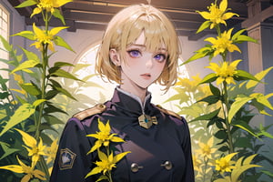 ((Goldenrod hair:1.5)), bob cut, bangs, purple eyes, ((small chest:1.1)), wearing a ((mikitary uniform:1.3)), by Raphael, masterpiece, upper body shot, magnificent indoor hall, Neonie, 1girl