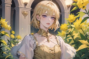 ((Goldenrod hair:1.5)), bob cut, bangs, purple eyes, ((small chest:1.1)), wearing a ((Lace dress:1.3)), short sleeve, by Raphael, masterpiece, upper body shot, magnificent indoor hall, Neonie, 1girl