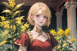 ((Goldenrod hair:1.5)), bob cut, bangs, purple eyes, ((small chest:1.1)), wearing a ((DarkRed dress:1.3)), short sleeve, by Raphael, masterpiece, upper body shot, magnificent indoor hall, Neonie, 1girl