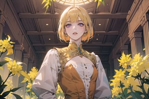 ((Goldenrod hair:1.5)), bob cut, bangs, purple eyes, ((small chest:1.1)), wearing a ((orange)) ((Victorian dress:1.1)), prince, long sleeve, by Raphael, masterpiece, upper body shot, magnificent indoor hall, Neonie, 1girl