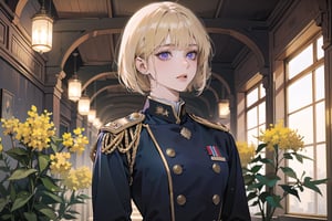 ((Goldenrod hair)), bob cut, bangs, purple eyes, ((small chest:1.1)), wearing a ((military uniform:1.3)), by Raphael, masterpiece, upper body shot, magnificent indoor hall, Neonie, 1girl