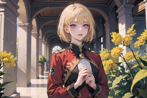 ((Goldenrod hair)), bob cut, bangs, purple eyes, ((small chest:1.1)), wearing a ((red mikitary uniform)), by Raphael, masterpiece, upper body shot, magnificent indoor hall, Neonie, 1girl