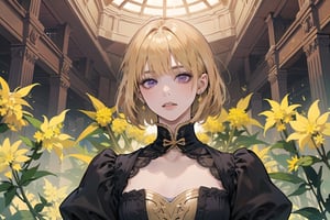 ((Goldenrod hair:1.5)), bob cut, bangs, purple eyes, ((small chest:1.1)), wearing a ((Victorian dress:1.1)), prince, long sleeve, by Raphael, masterpiece, upper body shot, magnificent indoor hall, Neonie, 1girl