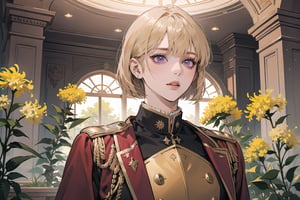 ((Goldenrod hair)), bob cut, bangs, purple eyes, ((small chest:1.1)), wearing a ((red military uniform)), by Raphael, masterpiece, upper body shot, magnificent indoor hall, Neonie, 1girl