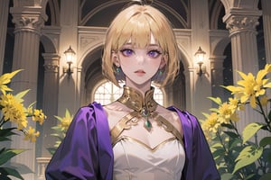 ((Goldenrod hair)), bob cut, bangs, purple eyes, ((small chest:1.1)), wearing a ((satin dress:1.3)), prince, royal, by Raphael, masterpiece, upper body shot, magnificent indoor hall, Neonie, 1girl