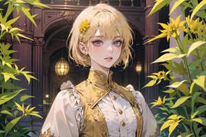 ((Goldenrod hair:1.5)), bob cut, bangs, purple eyes, ((small chest:1.1)), wearing a ((yellow)) ((Victorian dress:1.1)), prince, long sleeve, by Raphael, masterpiece, upper body shot, magnificent indoor hall, Neonie, 1girl