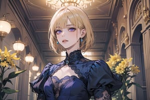 ((Goldenrod hair)), bob cut, bangs, purple eyes, ((small chest:1.1)), wearing a ((Blue lace dress:1.3)), prince, royal, by Raphael, masterpiece, upper body shot, magnificent indoor hall, Neonie, 1girl