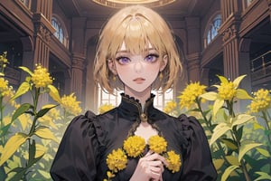 ((Goldenrod hair:1.5)), bob cut, bangs, purple eyes, ((small chest:1.1)), wearing a ((Victorian dress:1.1)), long sleeve, by Raphael, masterpiece, upper body shot, magnificent indoor hall, Neonie, 1girl