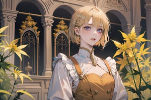 ((Goldenrod hair:1.5)), bob cut, bangs, purple eyes, ((small chest:1.1)), wearing a ((orange)) ((Victorian dress:1.1)), prince, long sleeve, by Raphael, masterpiece, upper body shot, magnificent indoor hall, Neonie, 1girl